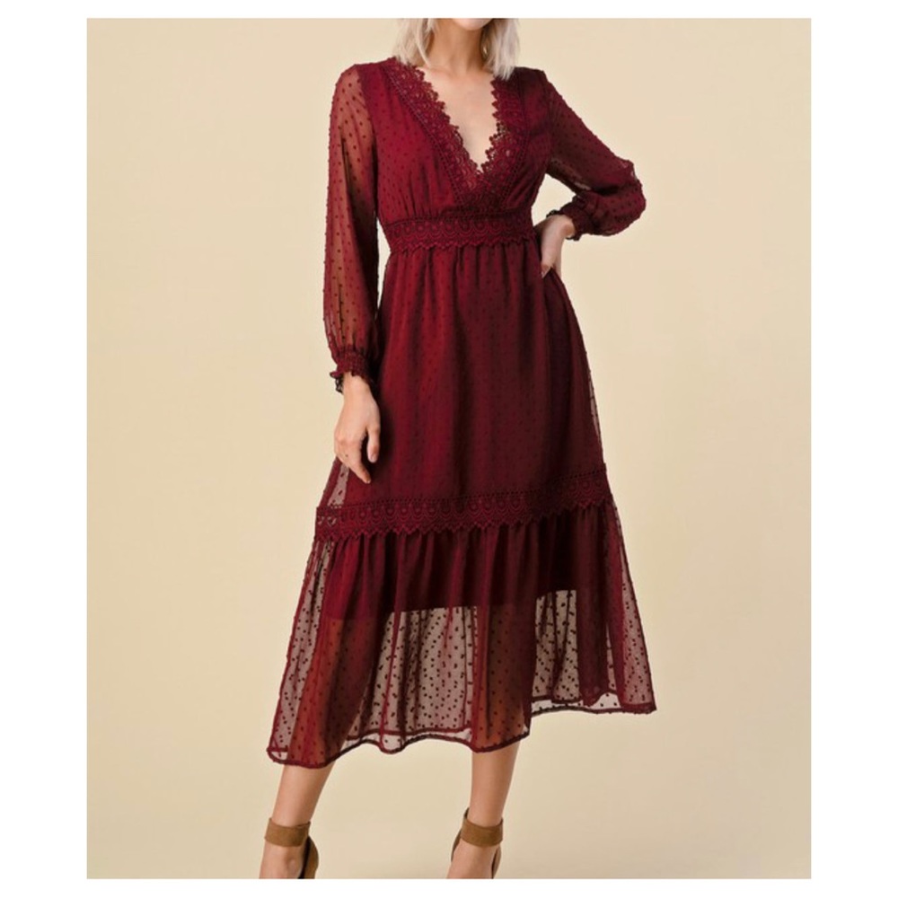 Wine Swiss Dot Smock Cuffed Tier Dress